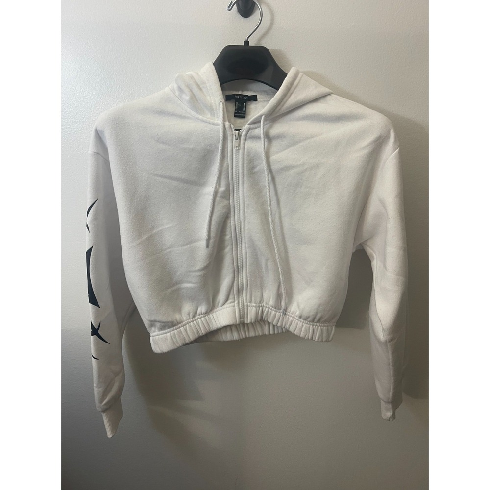 Forever 21 White Cropped Zip Up Hoodie Tribal Graphic Sleeve Womens Medium